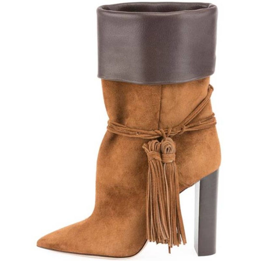 Saint Laurent Tanger 105 Tasseled Ankle Boots in Brown Suede and Leather